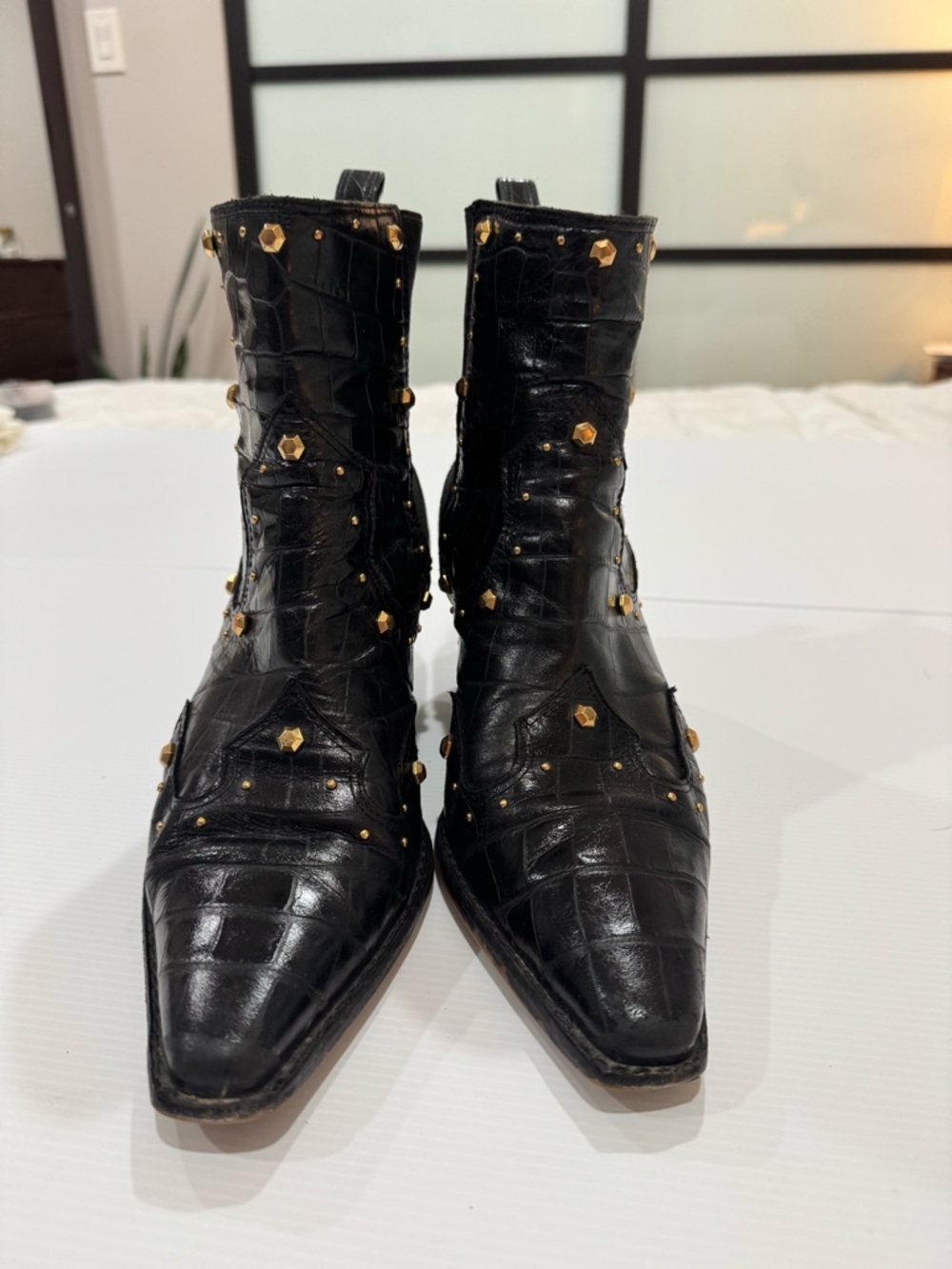 Vince Camuto Black Pointed Western Ankle Boots with Gold Studs - Picture 3 of 9